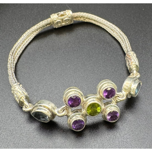 .925 Amethyst, Peridot and Blue Topaz Silver Bracelet