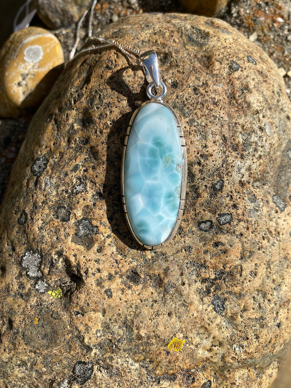 Elongated Oval Larimar & Sterling Silver Necklace